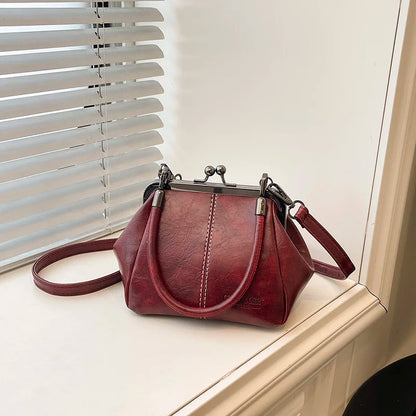 Moods Retro Style Top-Handle Bags Women Kiss Lock Pure Color Pu Leather Shoulder Crossbody Bag