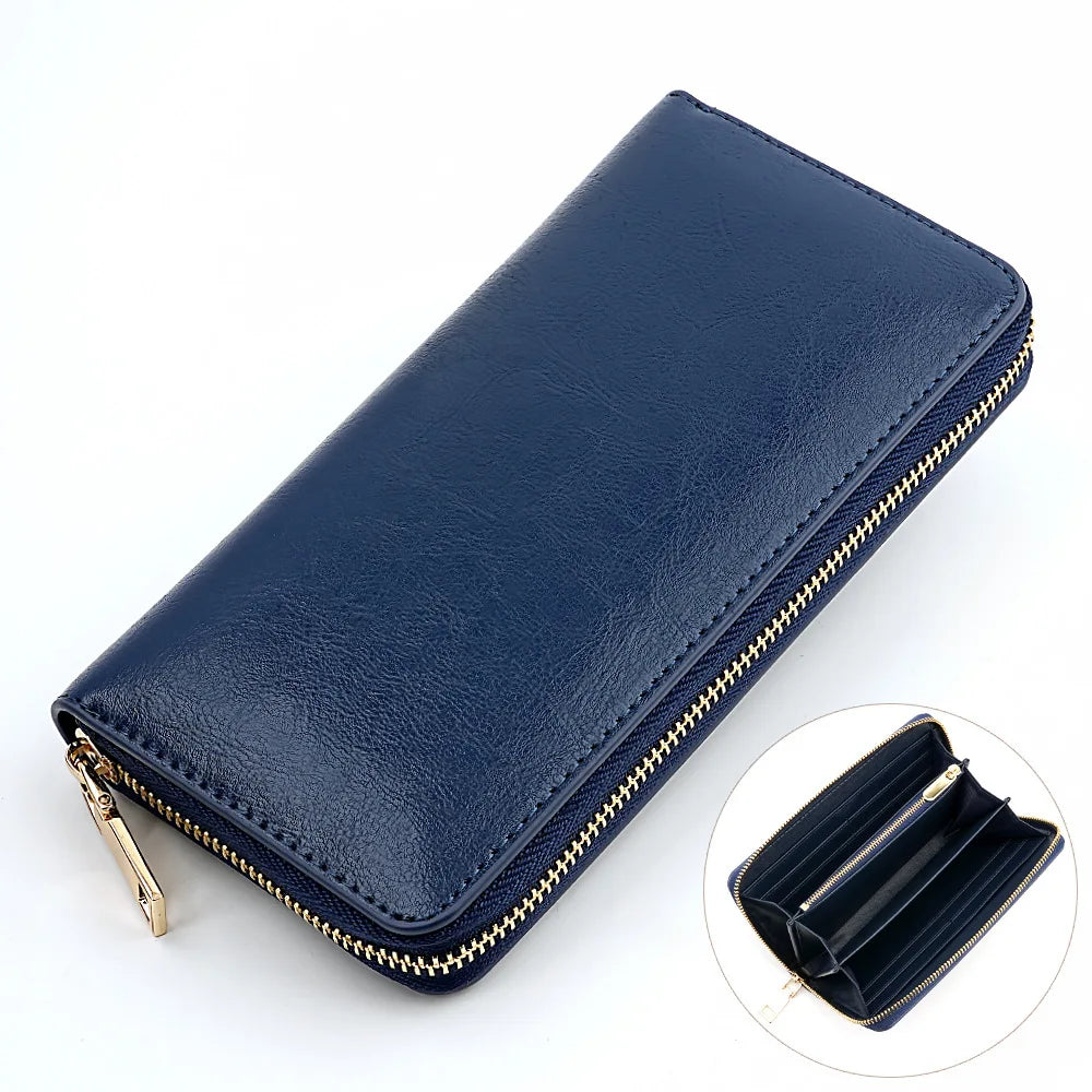 Women's Waxed Cowhide Long Zip-Around Clutch Wallet