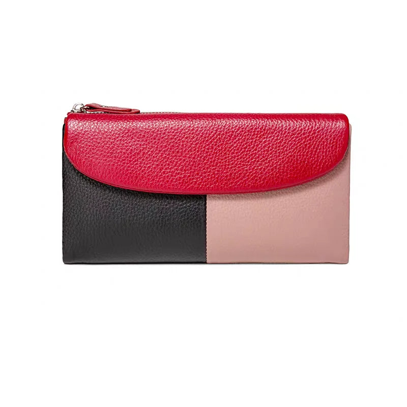 Genuine Leather Tri-Fold Long Wallet for Women – Patchwork Color-Block Purse