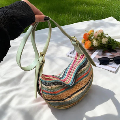 Bohemian Woven Hobo Bag for Women – Stripe Crossbody Shoulder Bag