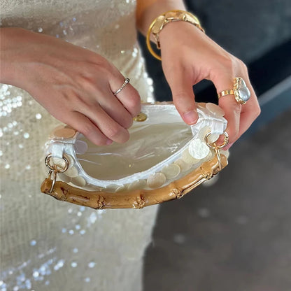 Shell Beaded Evening Bag Women Bamboo Handle Sequin Clutch