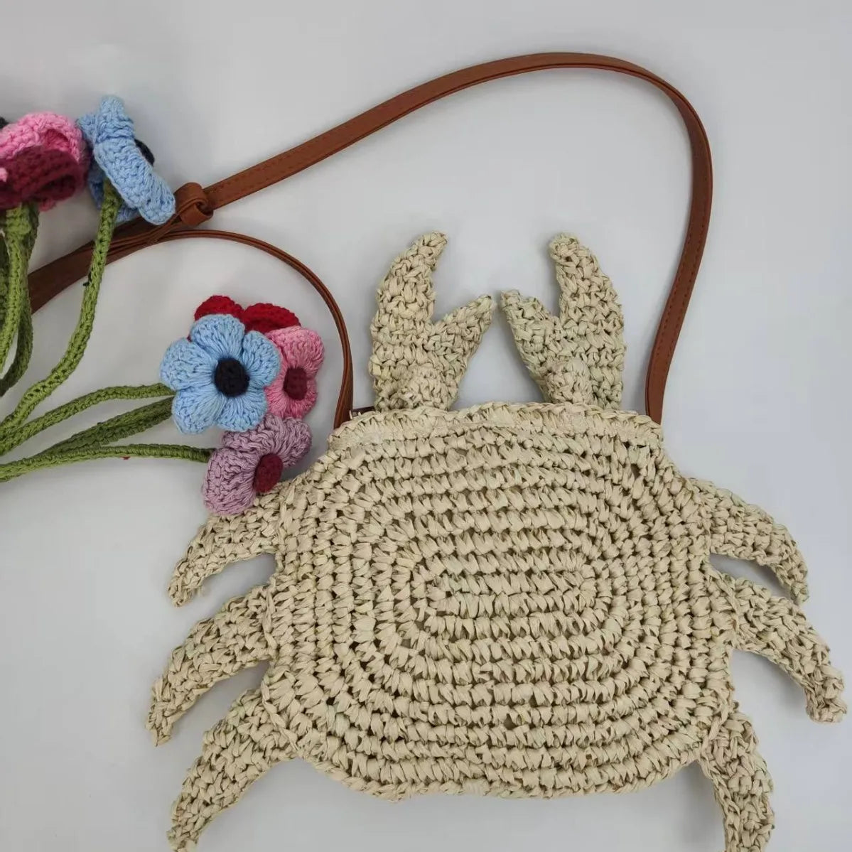 Crochet Crab Crossbody Bag Cute Straw Woven Mini Purse