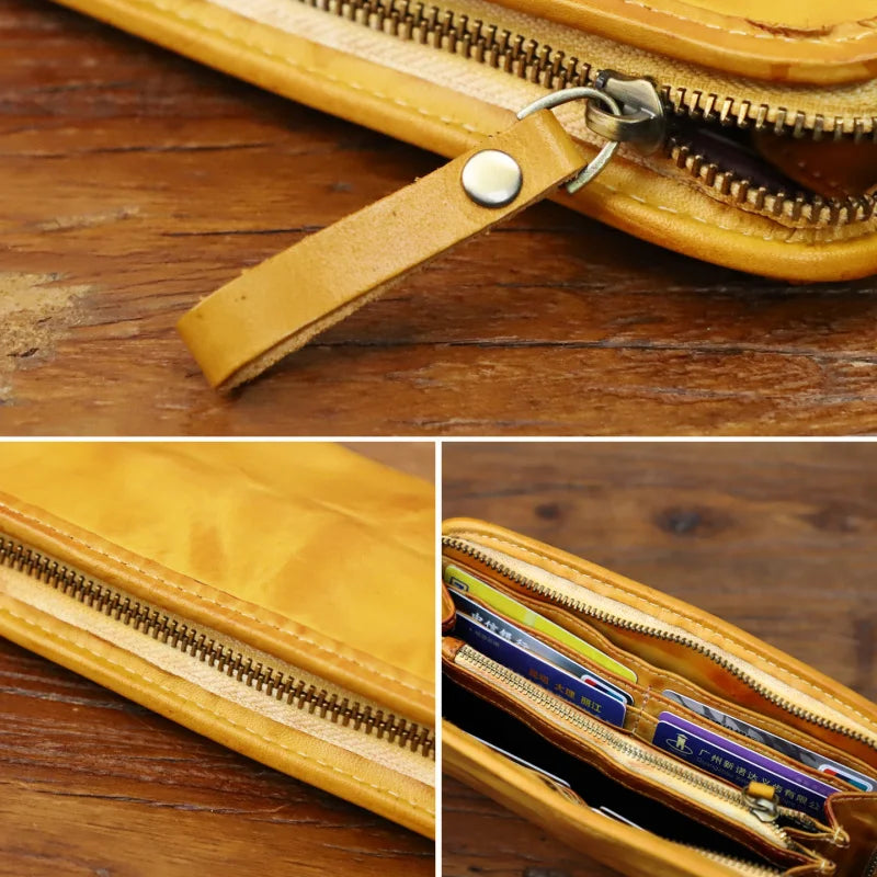 Genuine Leather Long Wallet – Vintage Zipper Clutch for Men & Women