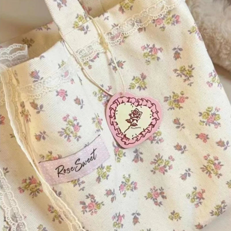 Large Capacity Floral Canvas Tote Bag with Lace Bow
