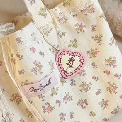 Large Capacity Floral Canvas Tote Bag with Lace Bow
