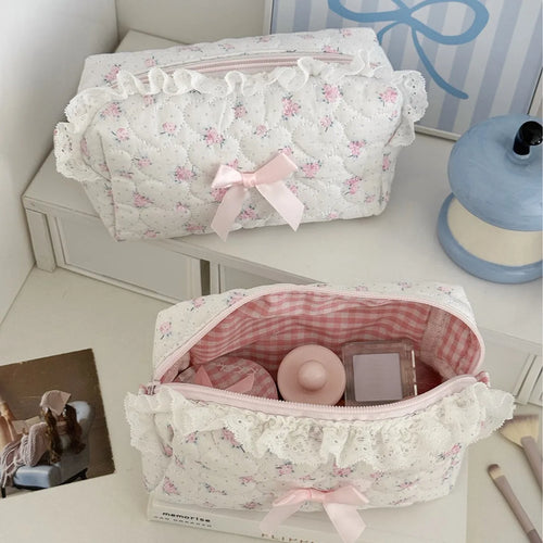 Floral Lace Makeup Bag – Cute Bow Cosmetic Pouch for Women