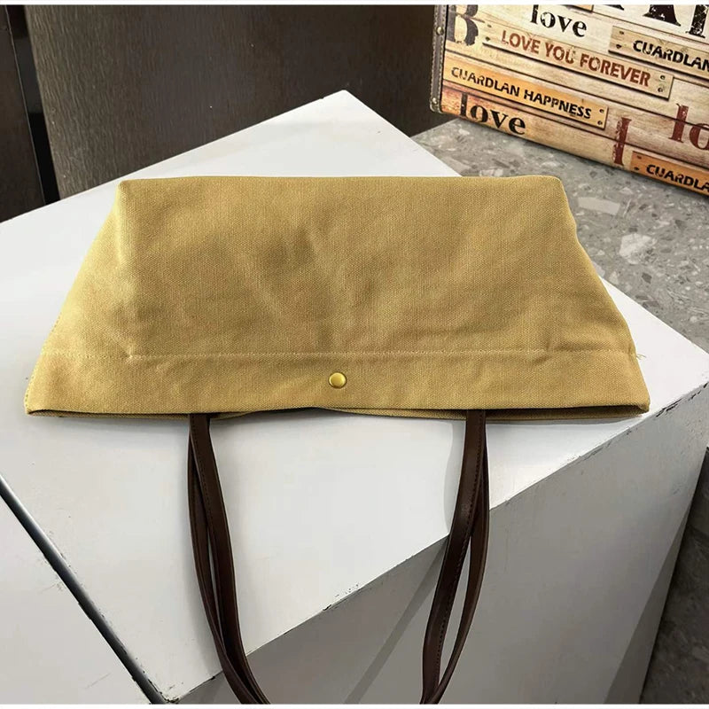 Canvas Tote Bag with Leather Straps – Large Capacity Women's Shoulder Bag