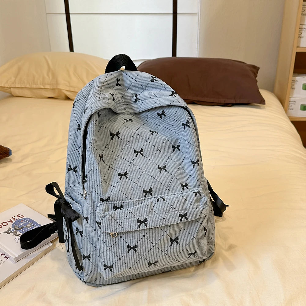 Corduroy Bow Backpack – Cute School Bag for Girls & College Students