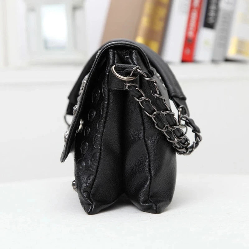 Gothic Skull Embossed PU Leather Crossbody Bag – Women's Chain Shoulder Bag