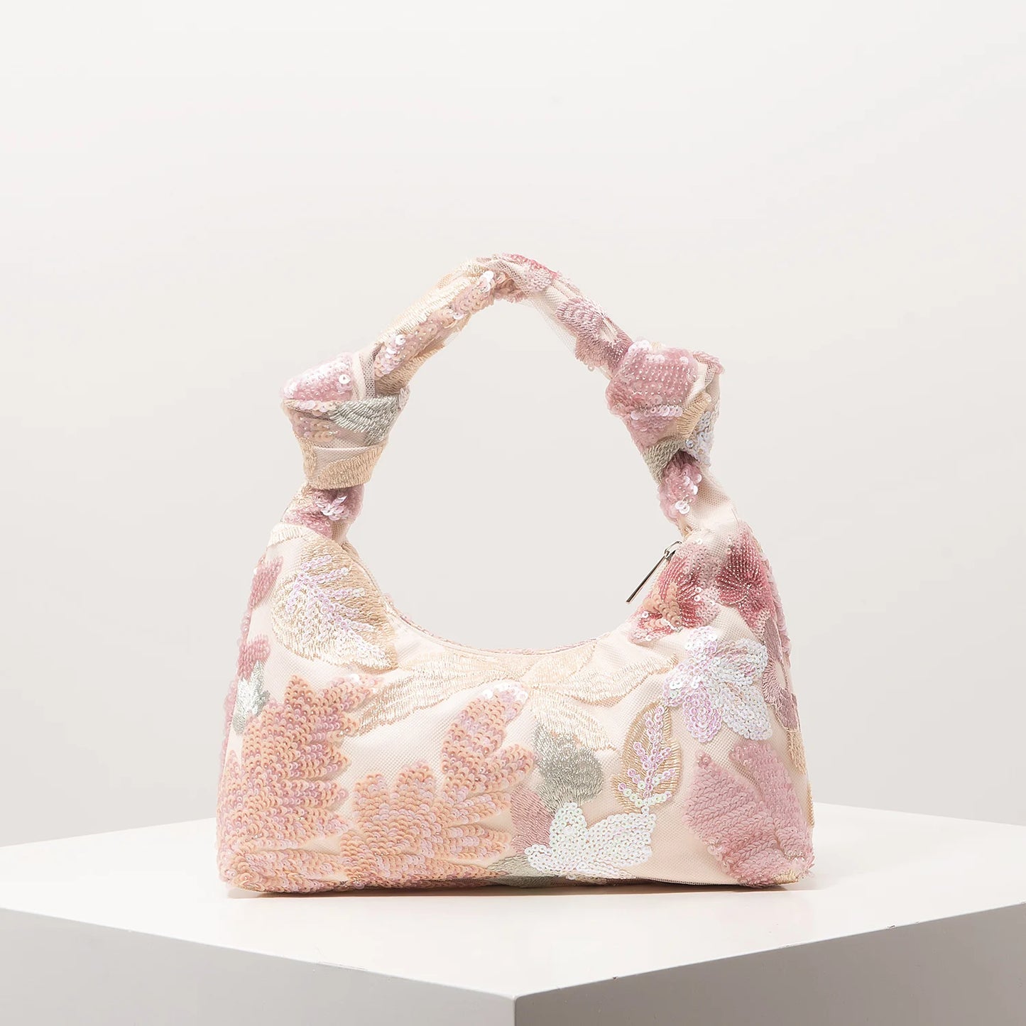Floral Sequin Hobo Bag – Embroidery Knotted Handle Shoulder Purse