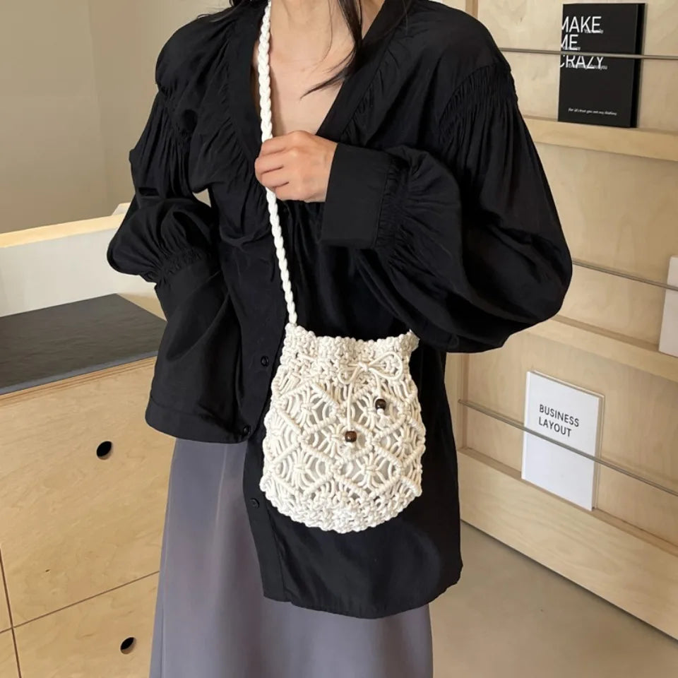 Woven Bucket Bag – Women's Knit Crochet Crossbody Beach Tote
