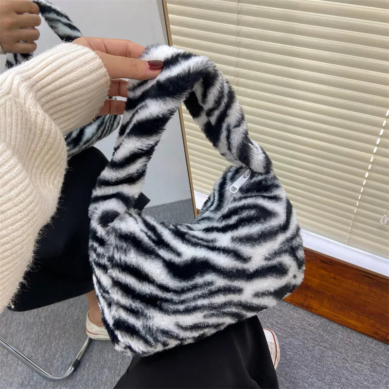 Fluffy Leopard Print Plush Bag – Women's Mini Shoulder Underarm Tote