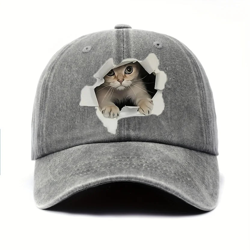 Cute Cat Print Baseball Cap – Funny Washed Cotton Adjustable Hat for Men & Women