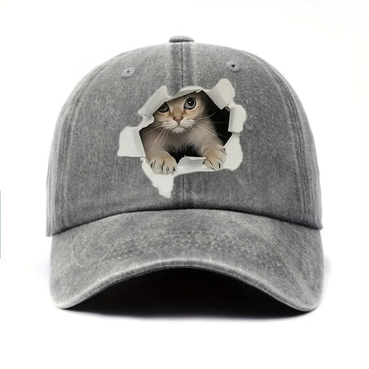 Cute Cat Print Baseball Cap – Funny Washed Cotton Adjustable Hat for Men & Women