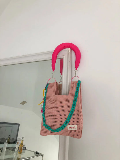 Beach Handbag Girls Summer Rope Hollow Out Hand Woven Shoulder Crossbody Totes Bag Women Knitting