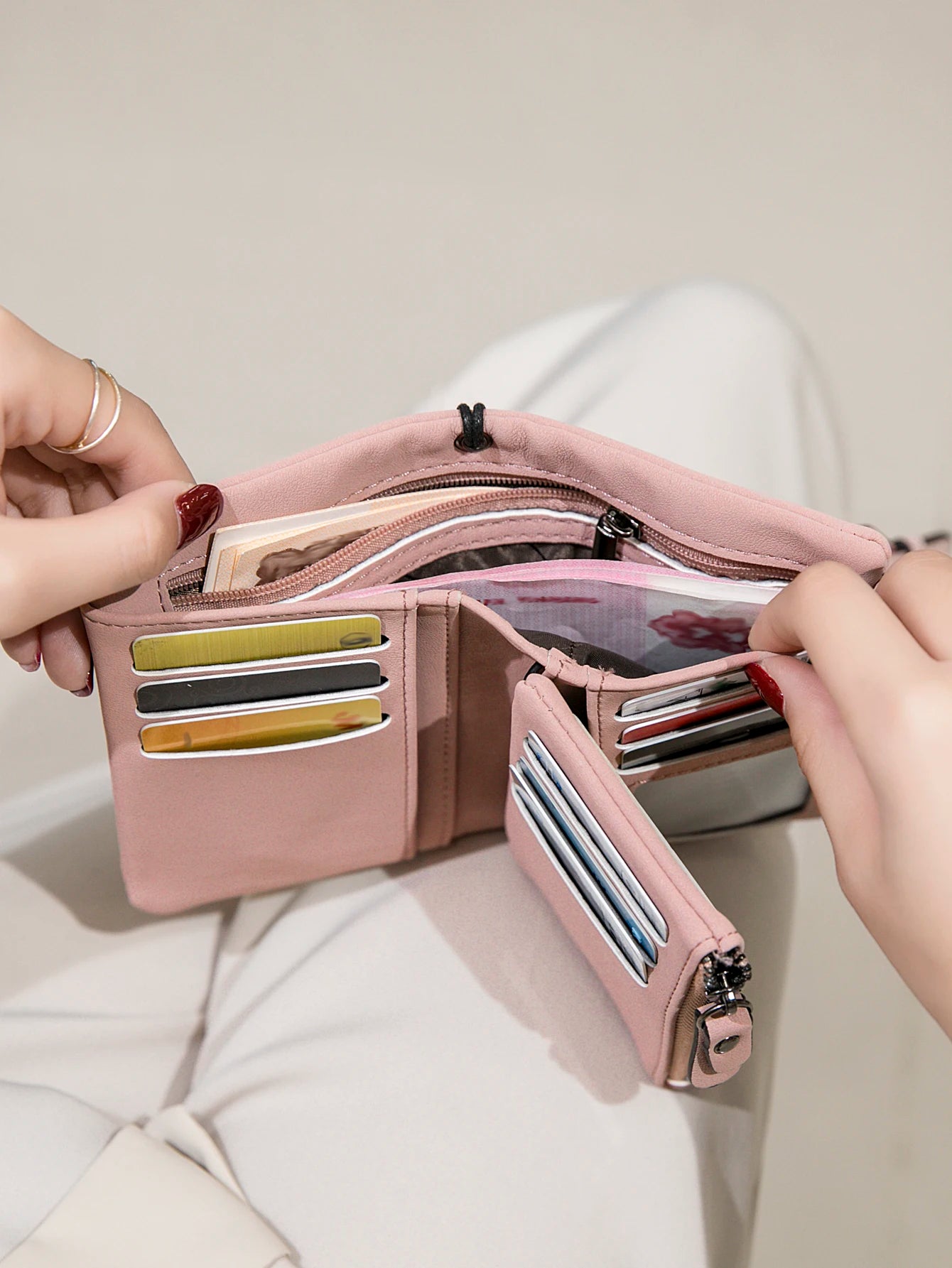 Women's Short Wallet – Minimalist Bifold Card Holder with ID Window & Wristlet