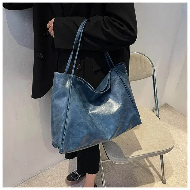 Large Capacity PU Leather Tote Bag – Retro Shoulder Bag
