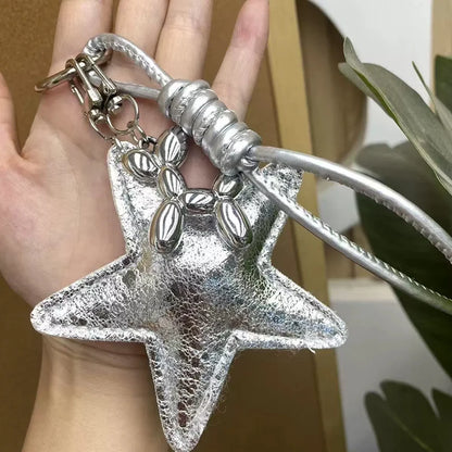 Leather Star Bag Charm Keychain with Braided Rope