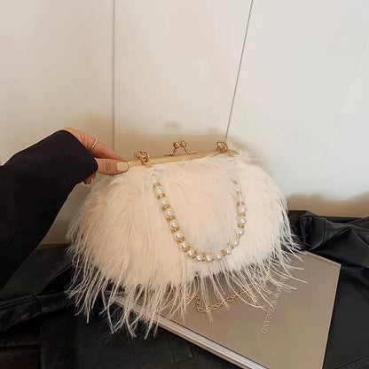 Plush Evening Bag – Fluffy Faux Fur Clutch with Pearl Handle