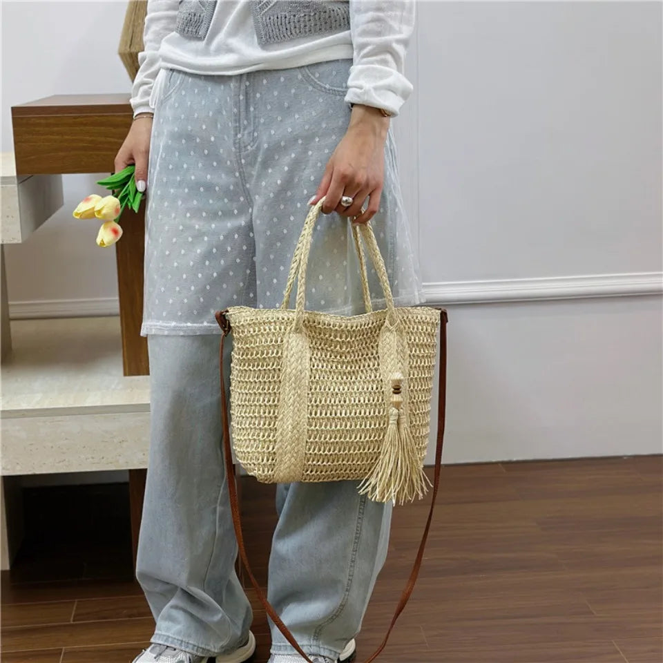 Straw Tote Crossbody Bag – Women's Large Handmade Beach Shoulder Bag