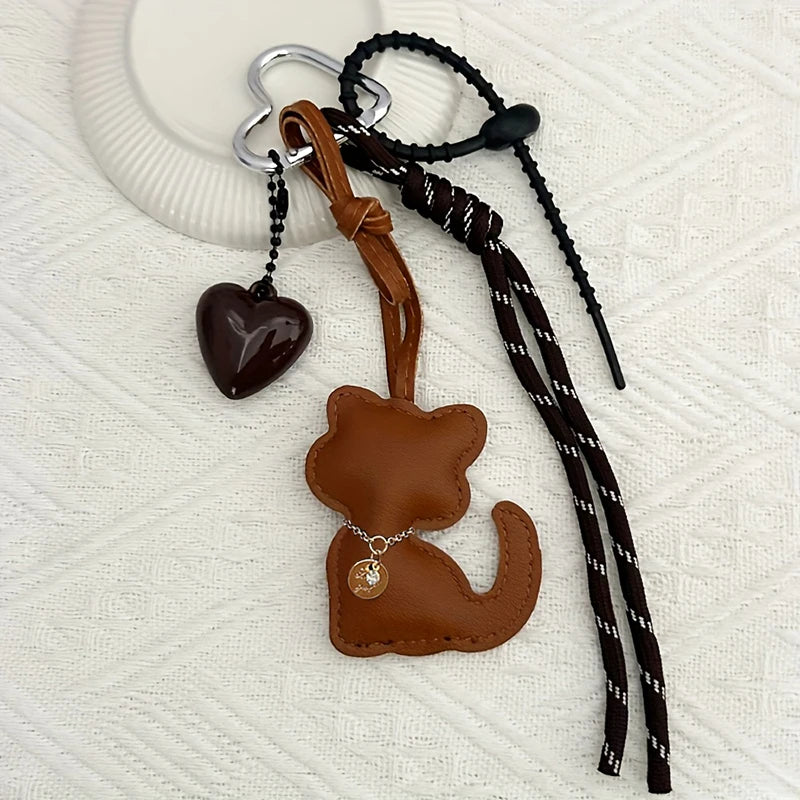 Cat Keychain – Cute Leather Cat & Heart Bag Charm with Tassel