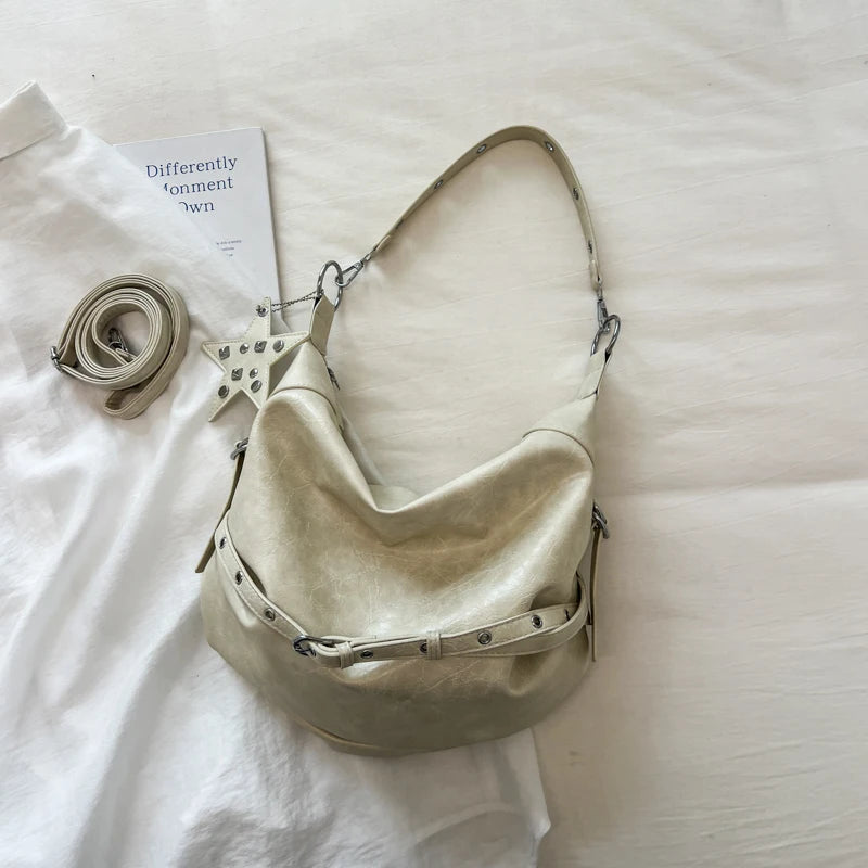 Moods Biker Style Shoulder Hobo Bags Women Soft Pu Leather Large Capacity Shopper Totes Rivets Decor