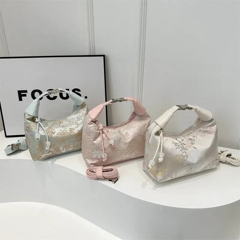 Embroidered Bucket Bag Women's Pearl Crossbody Handbag