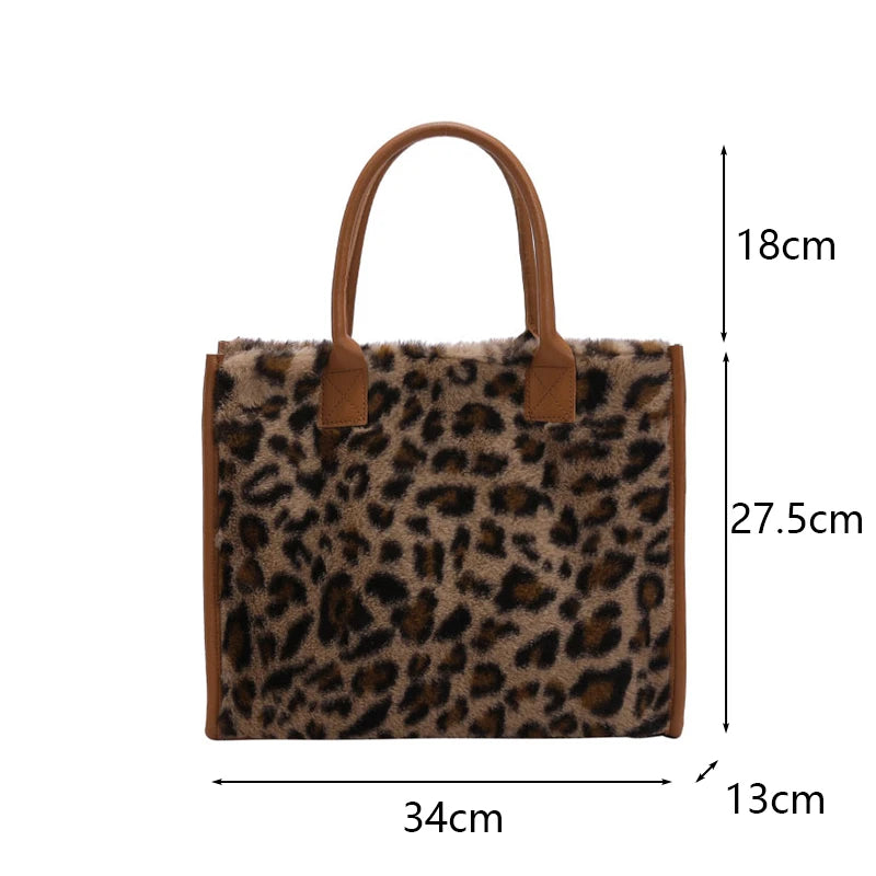 Faux Fur Leopard Print Tote Bag for Women – Soft Shopper Handbag