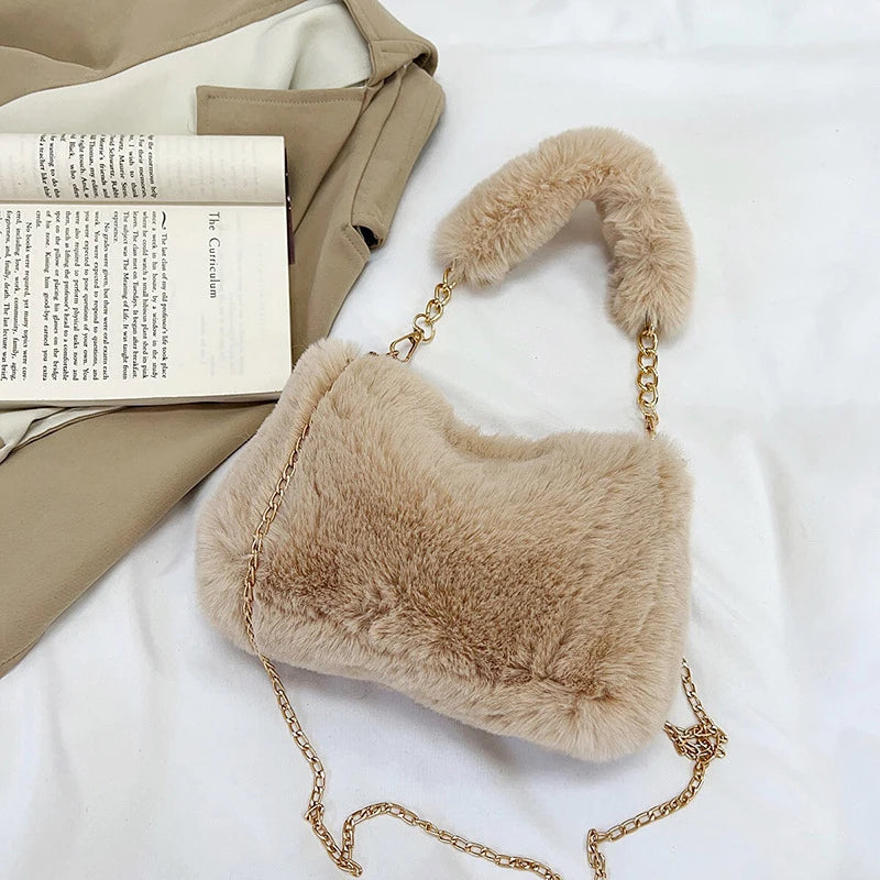 Faux Fur Crossbody Bag for Women – Fluffy Plush Chain Shoulder Purse