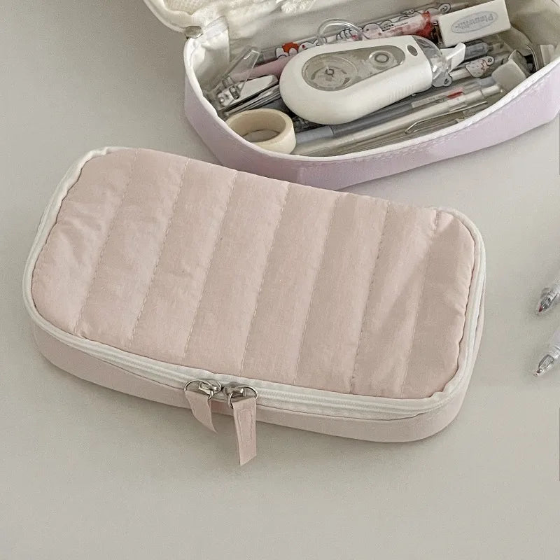 Quilted Pencil Case – Fluffy Soft Fabric Zipper Pouch for Students