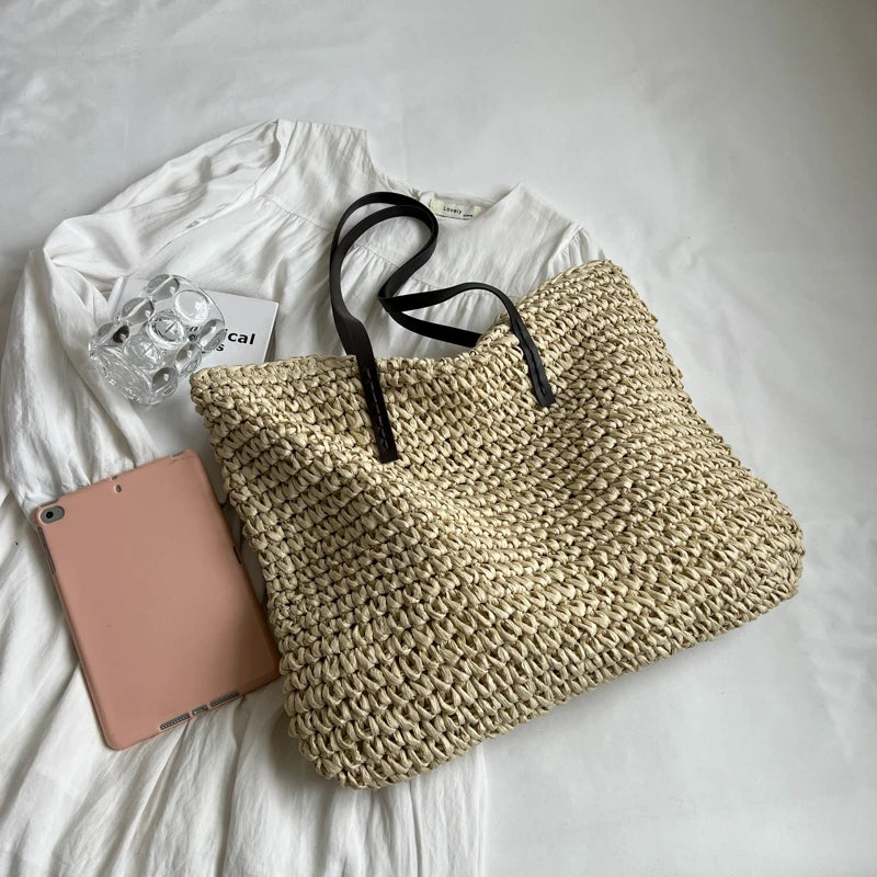 Moods Luxury Design Straw Woven Tote Bags Women Large Capacity Shoulder Beach Bag Pure Color Summer