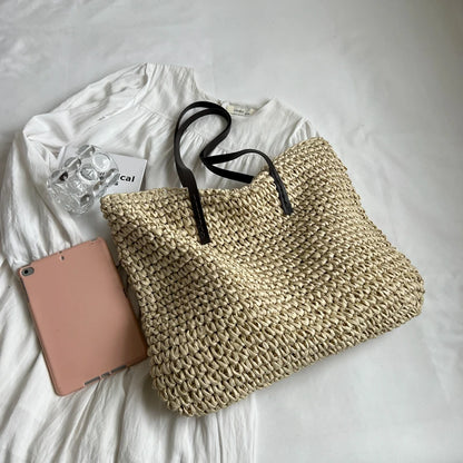 Moods Luxury Design Straw Woven Tote Bags Women Large Capacity Shoulder Beach Bag Pure Color Summer