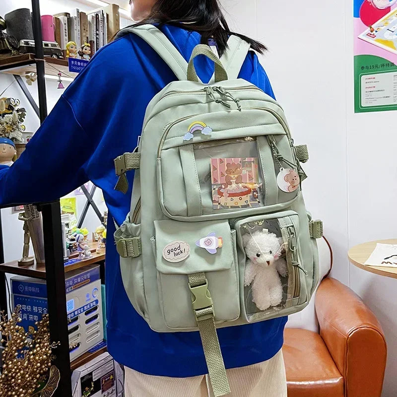 Kawaii Aesthetic Backpack for Teen Girls – Cute School Bag with Plush Pendant