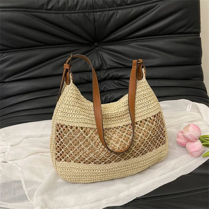 Straw Woven Shoulder Tote Bag with Adjustable Leather Strap