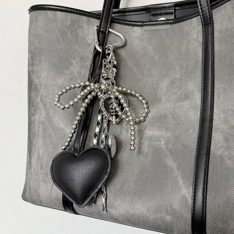 Heart Bow Keychain with Beaded Chain & Leather Pendant