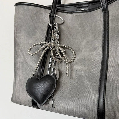 Heart Bow Keychain with Beaded Chain & Leather Pendant
