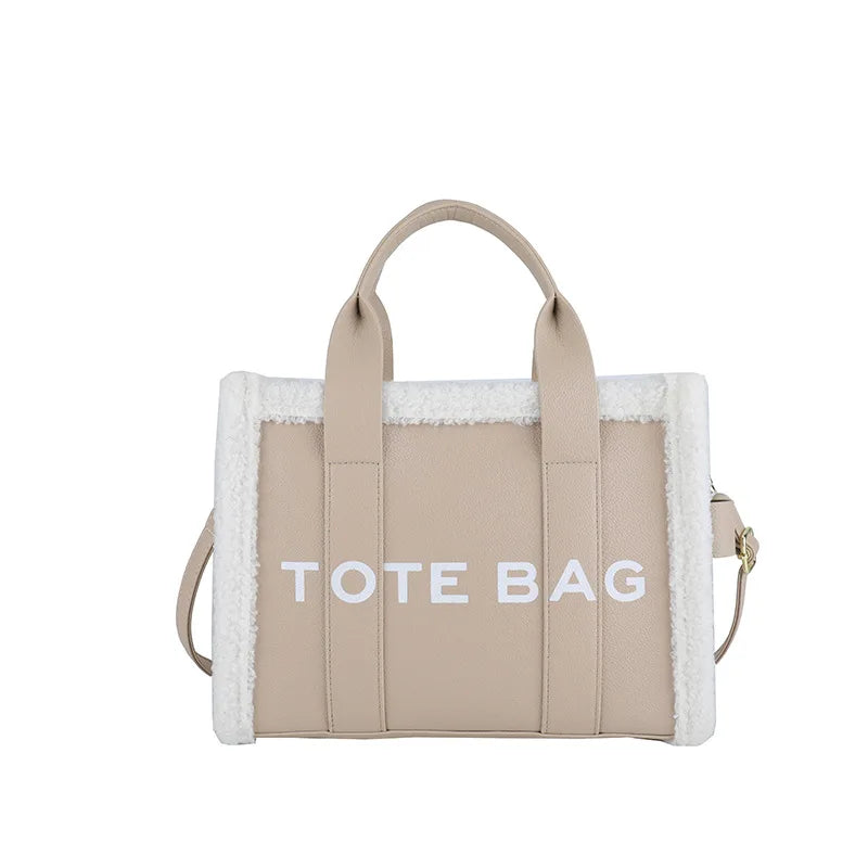 Tote Bag – Women's Quilted Letter Print Crossbody with Plush Edge