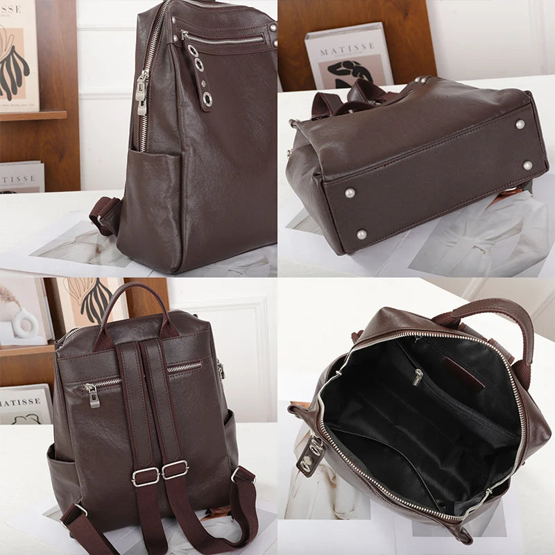 Genuine Cowhide Leather Backpack for Women – Large Capacity Retro Design