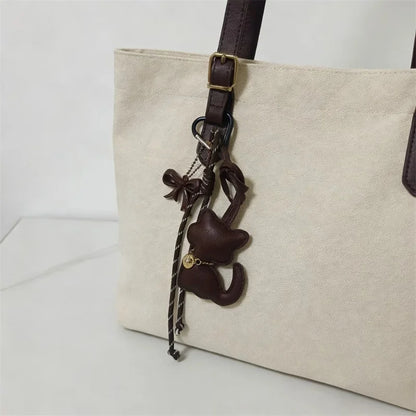 PU Leather Cat Bag Charm with Bow & Rope Tassel Pendant