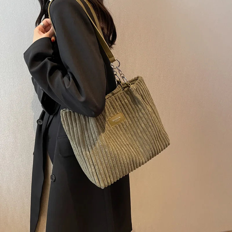 Corduroy Shoulder Tote Bag for Women – Large Cotton Handbag