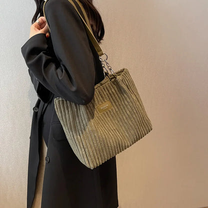 Corduroy Shoulder Tote Bag for Women – Large Cotton Handbag