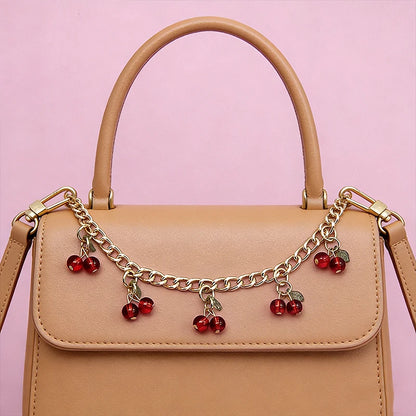 Crystal Cherry Bag Charm Chain with Dual Gold Clips