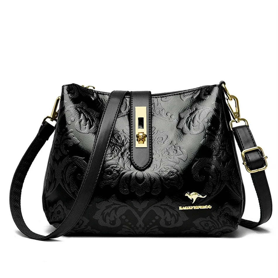 Floral Embossed Leather Women's Crossbody Shoulder Bag – 3-Layer Luxury