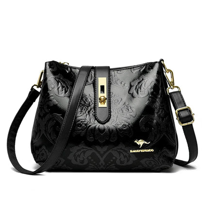 Floral Embossed Leather Women's Crossbody Shoulder Bag – 3-Layer Luxury