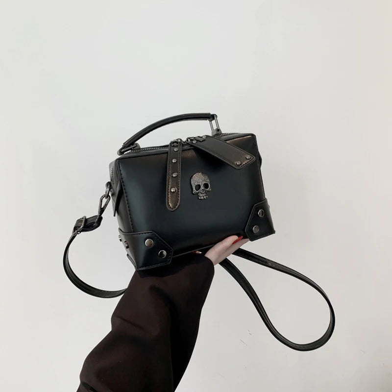 Gothic Punk PU Leather Crossbody Box Bag with Cross & Chain Detail