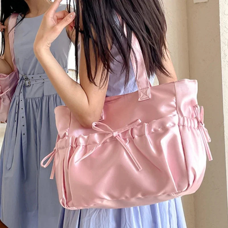 Bow Pleated Tote Bag for Women – Large Nylon Shoulder Bag