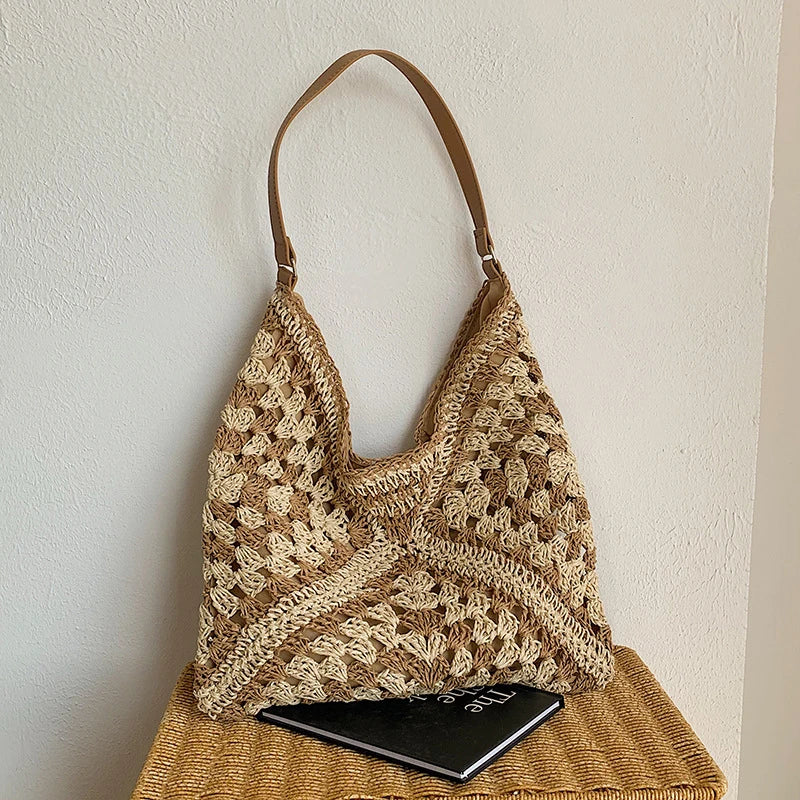 Woven Straw Shoulder Bag for Women – Boho Beach Handbag
