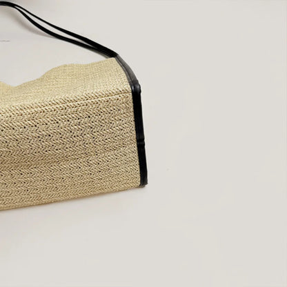Straw Tote Bag – Large Capacity Woven Shoulder Handbag with Leather Trim