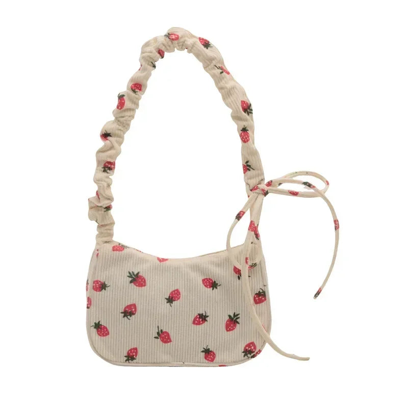 Strawberry Print Corduroy Shoulder Bag – Cute Women's Underarm Tote