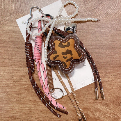 Leopard Print Flower Keychain Bag Charm with Pearl & Braided Rope